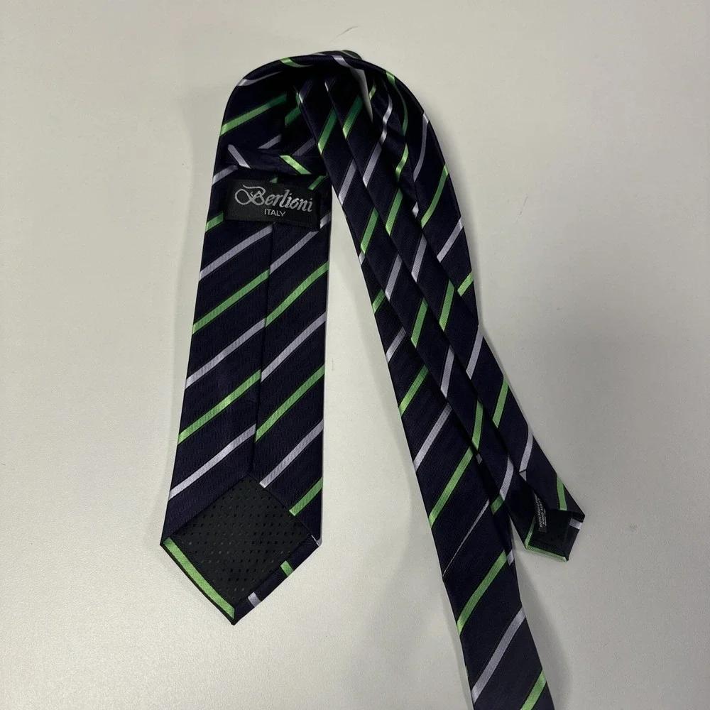 Berlioni‎ Italy Tie micro fiber handmade vintage Blue Green Striped